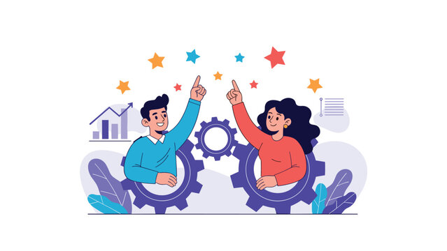 Creative team members emerge from large purple gears and point toward colorful stars to illustrate a shared vision for innovation and success.