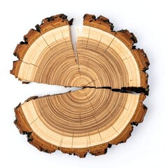 A cut tree trunk with visible growth rings on a white background