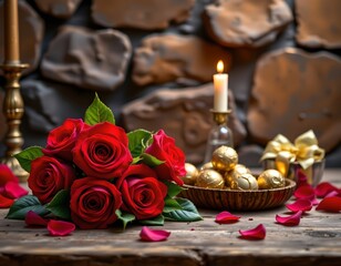 Romantic Still Life with Roses and Chocolates Rustic Table