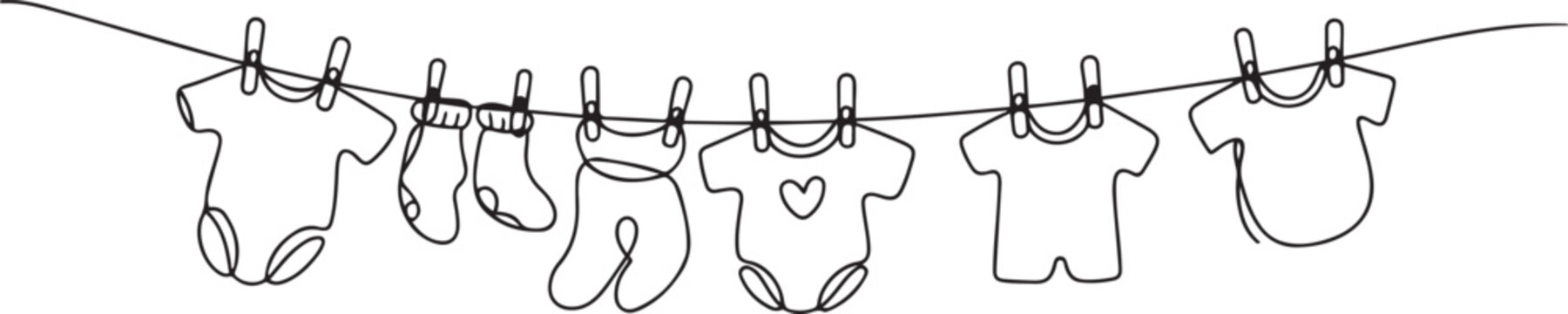 Cute kids clothing hanging on a rope drawn in one line. Sketch. Continuous line drawing baby things. one line Art icon drawing vector