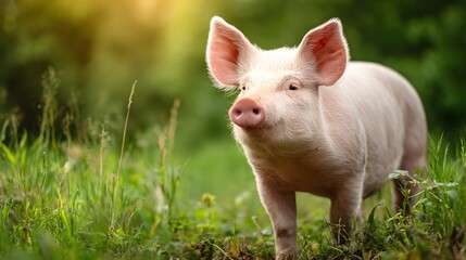 Adorable pink piglet standing in lush green grass on a sunny farm.