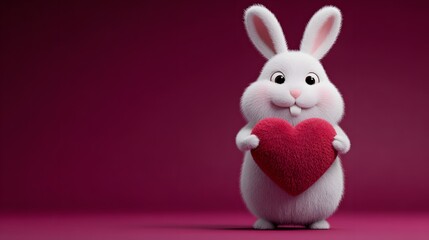 Obraz premium Adorable White Bunny Holding a Red Heart on a Pink Background.