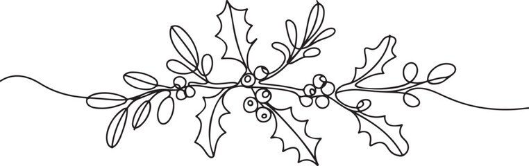Holly berry drawn by one line. Floral sketch. Continuous line drawing mistletoe. one line Art icon drawing vector © MDROBIUL