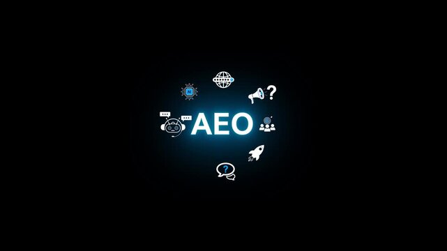 AEO Answer Engine Optimization Strategy Concept. with AEO icons, representing artificial intelligence, chatbots, search optimization, and marketing strategy.