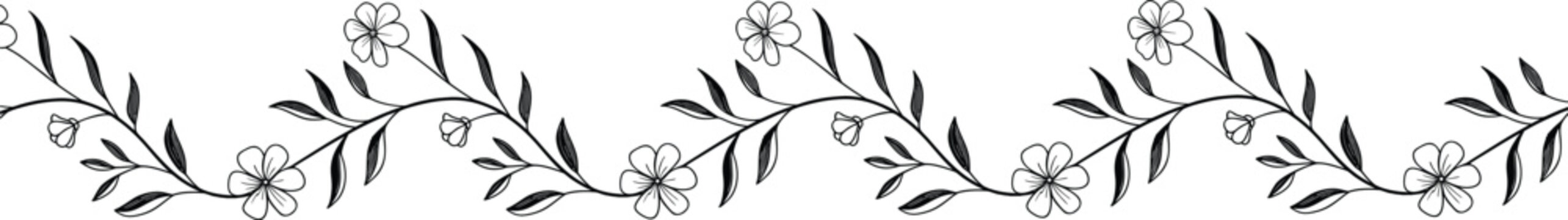 Seamless horizontal floral border in black line art. Elegant botanical vine with leaves and small flowers. Minimal monochrome decorative trim for invitations, wallpaper, and fabric. 