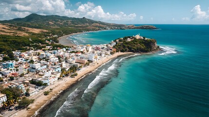 Obraz premium Aerial view of a picturesque coastal town nestled along a beautiful beach with turquoise waters and lush green mountains in the background.