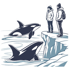 Two people on iceberg observing orcas in arctic water © MST SAHIDA  BEGUM 