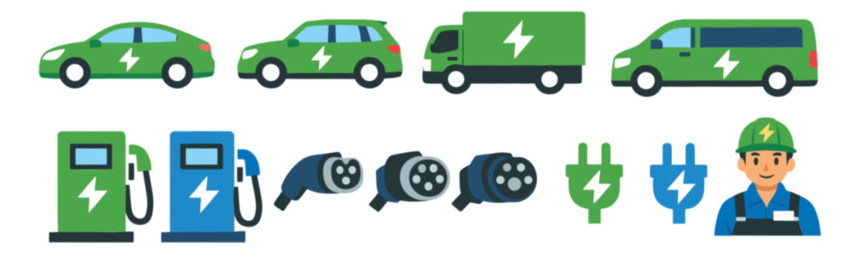 Flat vector electric vehicle icon set featuring cars, trucks, vans, charging stations, plugs, and an engineer for sustainable transportation