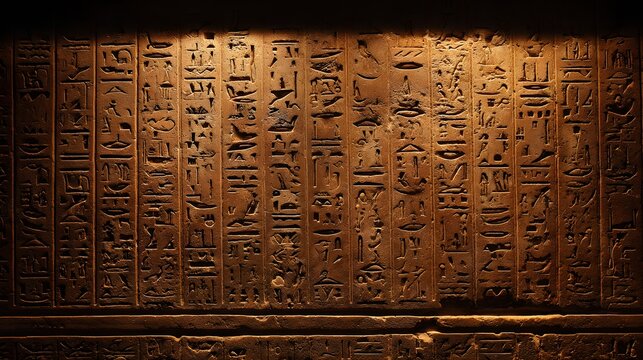 Ancient Egyptian Hieroglyphs Carved into Stone Wall with Warm Lighting.