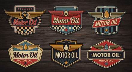 Vintage Motor Oil Emblems Collection on Wood Background. © Reva
