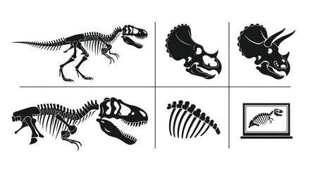 Prehistoric Dinosaurs Silhouette Icon Set featuring various dinosaur fossils and skeletons in a grid layout