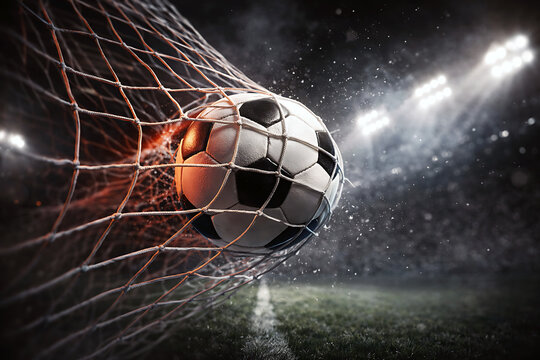 Soccer ball flying through a goal net under stadium lights with dynamic motion blur
