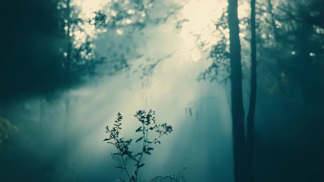 Plant silhouette catching ethereal sunlight through a dense fog, creating a serene and mystical atmosphere in the forest as rays penetrate the humid air