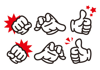 グッドサインの手アイコンセット（線画・赤アクセント付き）