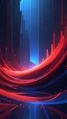 A futuristic abstract scene with red and blue neon light curves
