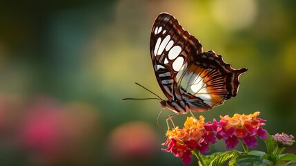 Beautiful Butterfly Perched on Vibrant Flowers in a Lush Garden.