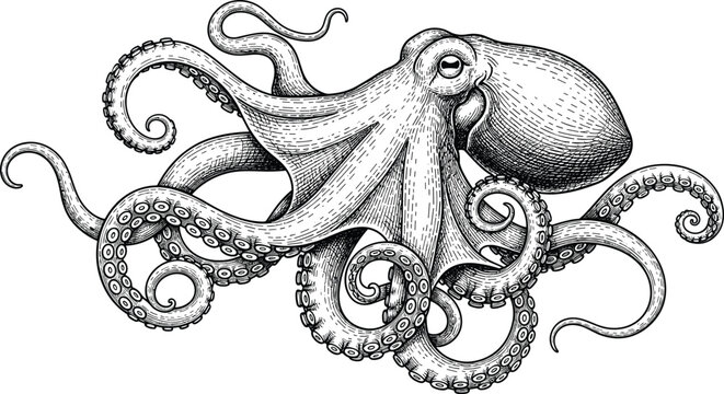 Vintage Engraved Octopus Illustration with Detailed Tentacles in Retro Etching Style for Tattoo Design Seafood Menu and Marine Life Decoration.