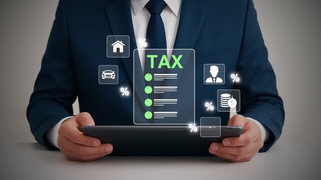 Businessman using tab with tax checklist icons on virtual screen, representing financial planning, tax return, accounting, property tax, vehicle tax, and income management