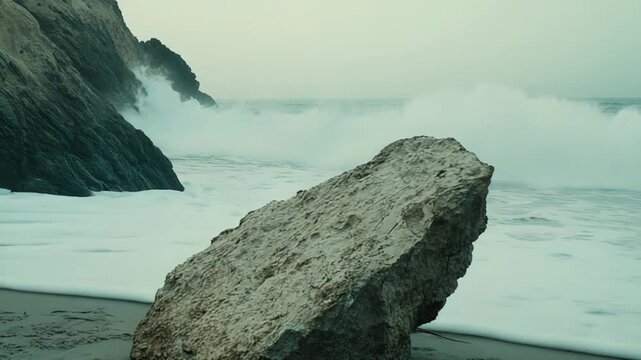 Massive ocean waves slam dark rocky cliffs and a sandy shore around a lone boulder, spray and foam filling a moody, dramatic coastal seascape under overcast skies