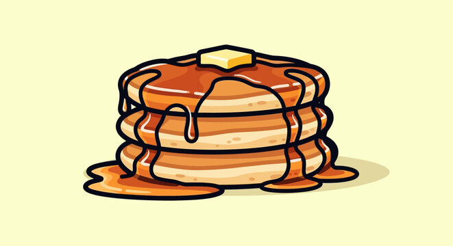 Delicious pancake stack with dripping syrup and butter, perfect for breakfast and sweet cartoon