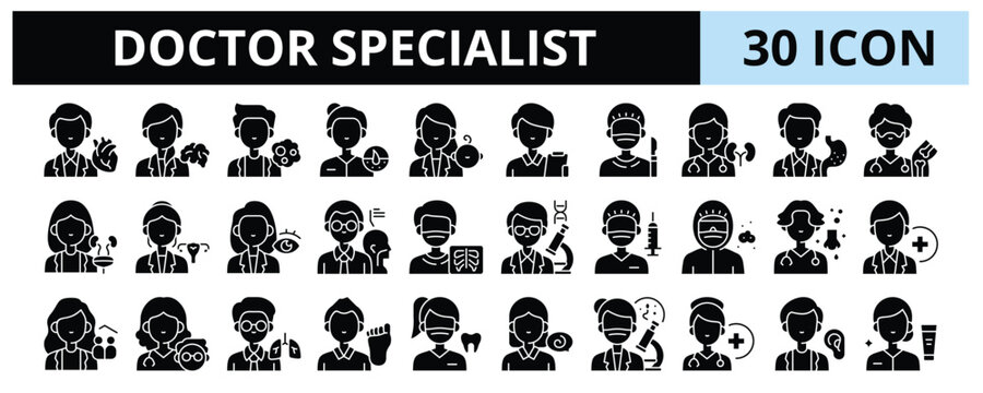 30 Doctor Specialist Glyph Icons Vector - Cardiologist, Neurologist, Dermatologist, Pediatrician, Surgeon, Radiologist, Dentist