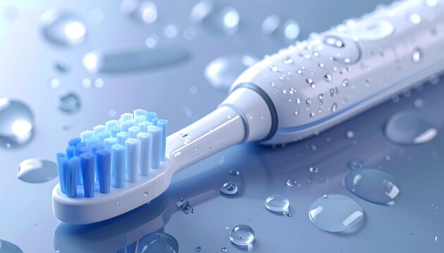 Electric toothbrush with water droplets for dental hygiene promotion.