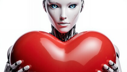 Sleek White Humanoid Robot Holding Heart Symbol of Love and Connection