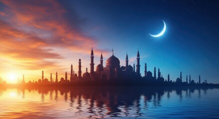 Obraz premium Stunning Ramadan mosque skyline at sunset over water with crescent moon and vibrant sky