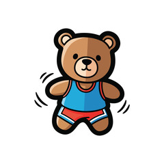 Obraz premium A cartoon bear wearing sports attire is jumping in the air, showcasing a playful and energetic scene from a front viewpoint.