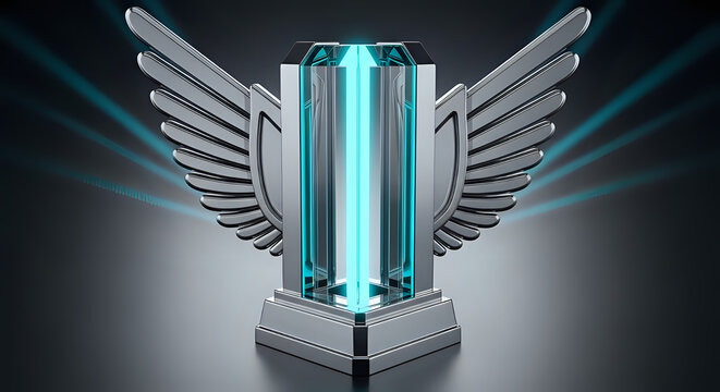 Shining award trophy with glowing blue crystal and silver wings