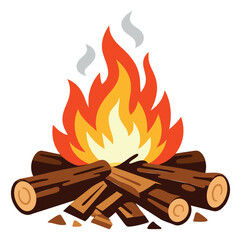 Cartoon illustration of a campfire depicting a burning fire with logs and smoke for outdoor activities and camping