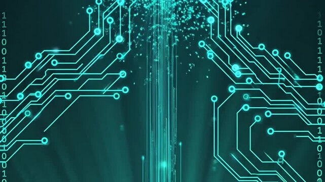 Digital background with binary code framing and glowing light rays