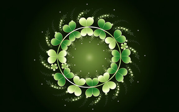 Decorative circular wreath made of vibrant green clovers and sparkling starbursts on a dark green gradient background for St. Patrick's Day.