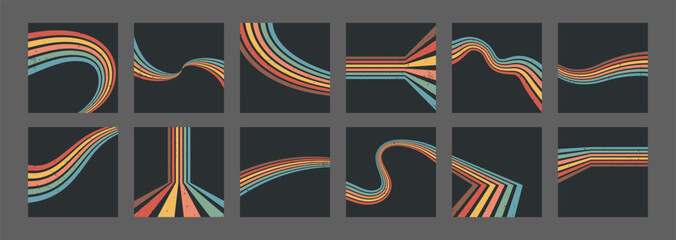 Stripe rainbow groovy. Set of Retro geometric backdrops with playful arches on dark. Artistic prints or interior design projects. Vintage vector illustration.