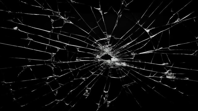 Animation bullet through glass on background. cracks glass fracture effect texture isolated abstract black background.
 glass shattering against a black background for visual effects.