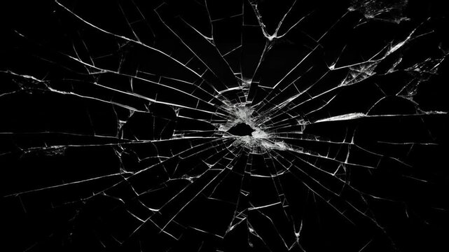 Animation bullet through glass on background. cracks glass fracture effect texture isolated abstract black background.
 glass shattering against a black background for visual effects.