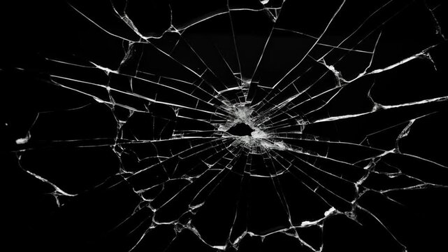 Animation bullet through glass on background. cracks glass fracture effect texture isolated abstract black background.
 glass shattering against a black background for visual effects.