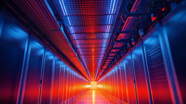 Long corridor in a modern data center server room, featuring towering racks with flashing indicator lights, creating an immersive atmosphere with blue and red illumination