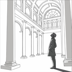 Fototapeta premium Grayscale of a man in a long coat standing in a large architectural hall with columns