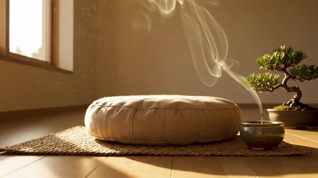 Zen meditation cushion and incense smoke in a sunlit room.