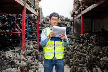 Worker examining auto parts in a warehouse, with stacks of components filling the shelves