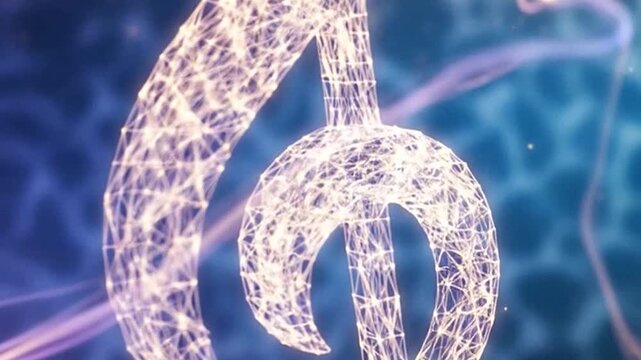 Abstract glowing treble clef symbol with digital light trails on a vibrant