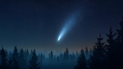 Fototapeta premium Bright Comet Streaking Across a Dark Night Sky Above a Forest.