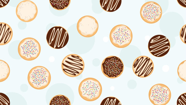 Seamless pattern of various round cookies with chocolate, sprinkles, and icing on a warm light blue background.