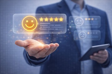 Obraz premium Businessman showing a glowing smiley face with five star rating on his hand digital interface for customer review feedback JPG image