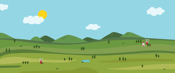 Fototapeta premium Minimalist Flat Vector Summer Landscape with Green Hills and Windmills