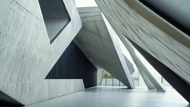 Modern architectural design featuring angular concrete forms creating a dynamic and abstract interior space with strong lines and minimalist aesthetic
