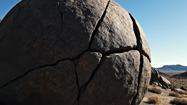 Cracked boulder in desert.