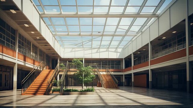 Spacious multi story building atrium features a large glass skylight illuminating the interior space, blending contemporary architecture with natural light and a central tree planting