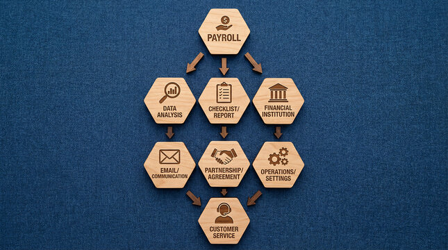 A flowchart of payroll processes on wooden blocks against a blue background